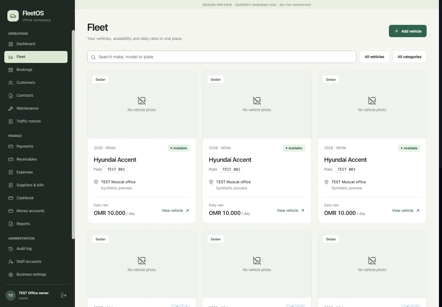 Fleet design preview showing search, filters and synthetic vehicle cards.